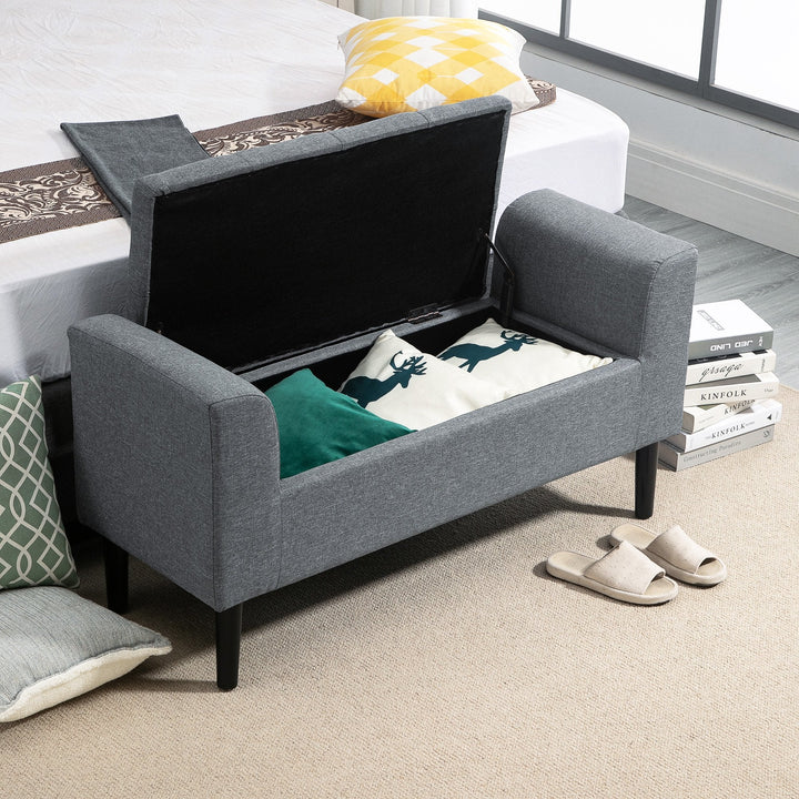 Banco para Pé de Cama Acolchoado com Espaço de Armazenamento Banco Multifuncional com Braços Tampa e Pés de Madeira para Dormitórios Sala de Estar 116x44x58 cm Cinza