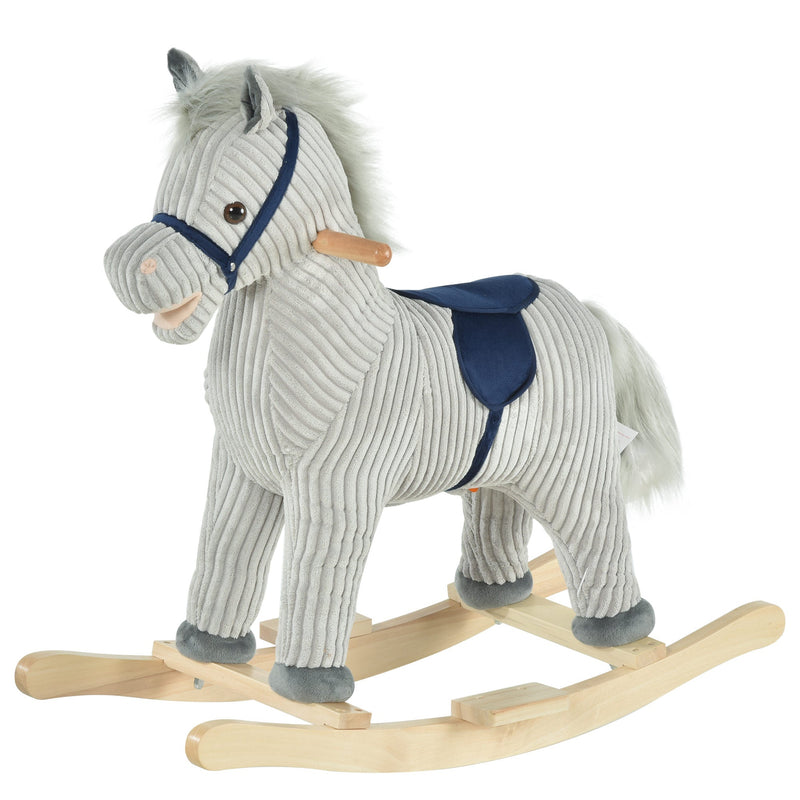 Baloiço Infantil de Cavalo para Crianças acima de 3 Anos Baloiço de Pelúcia com Sons de Relinchos e Galopes e Base de Madeira 73x35x64cm Azul e Cinza