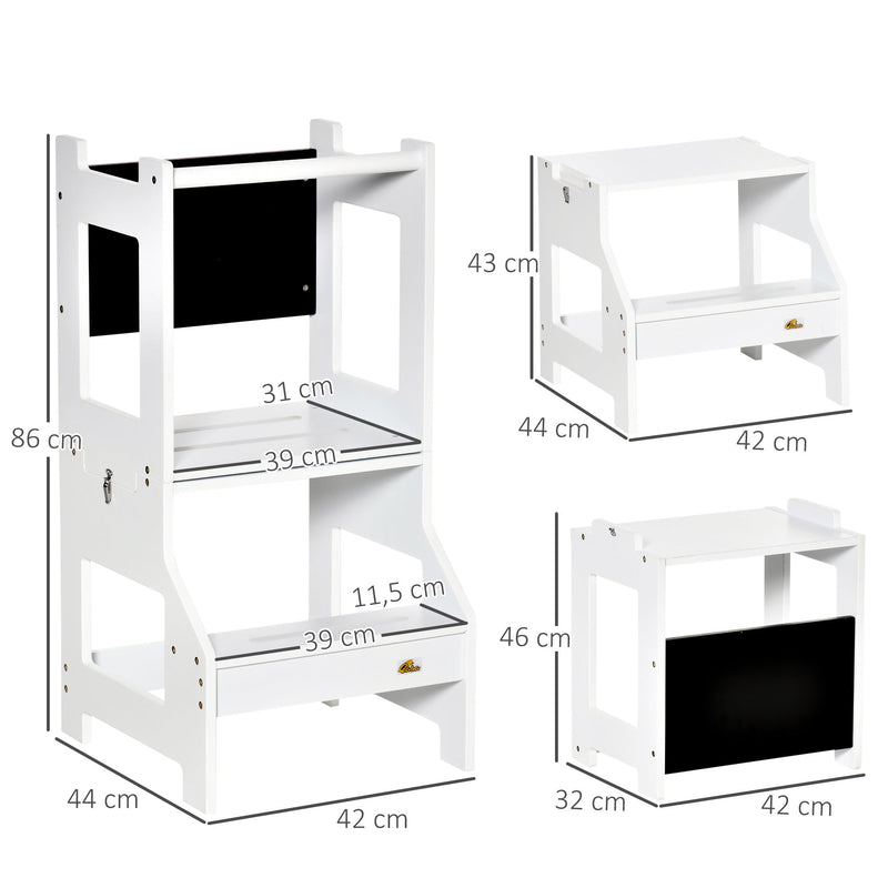 Torre de Aprendizagem para Crianças 3-6 Anos de Madeira Torre de Aprendizagem Infantil Convertível em Secretária com Ardósia e Barra de Segurança para Casa de Banho Cozinha 42x44x86cm Branco