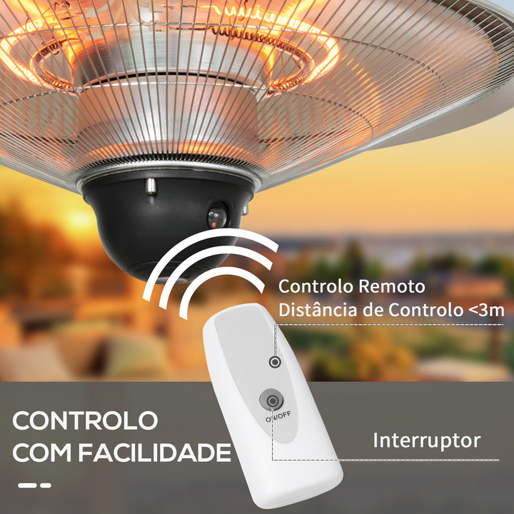 Aquecedor de Jardim Elétrico 1010W/1200W Aquecedor de Exterior de Teto de Infravermelho com Controlo Remoto 2 Níveis de Calor Proteção IP44 para Terraço Pátio Ø58,5x33cm Prata