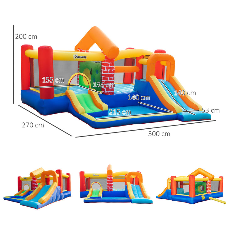 Castelo Insuflável com 2 Escorregas 2 Trampolins e Piscina para Crianças acima de 3 Anos Inclui Inflador e Bolsa de Transporte para Interior Exterior 380x370x230cm Multicor