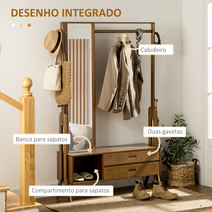 Móvel Cabide de Entrada com Banco Móvel de Entrada Estilo Industrial com Espelho 2 Gavetas 4 Ganchos Barra e Compartimento de Armazenamento para Dormitório Corredor 113x33x169,5cm Marrom