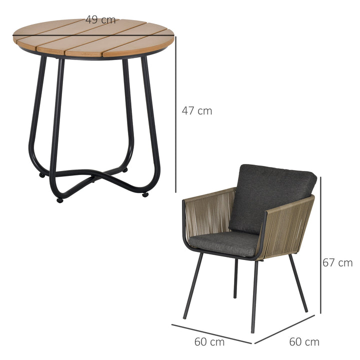 Conjunto de móveis de vime 1 mesa redonda e 2 cadeiras Poltrona com almofadas acolchoadas para varanda Aço cáqui e cinza