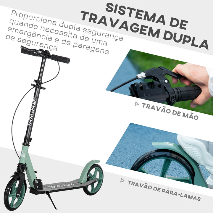 Trotinete Dobrável para Adultos e Crianças acima de 14 Anos Trotinete com Guiador Ajustável Rodas Grandes de 200mm Amortecimento e Travão Carga Máxima 100kg 91,5x36,5x91-104cm Verde