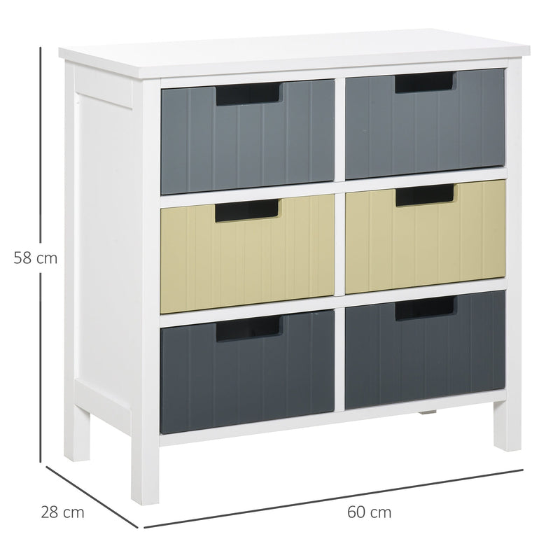 Cómoda de Madeira com 6 Gavetas Cómoda Auxiliar de Armazenamento com Pés Elevados Estilo Moderno para Dormitórios Sala de Estar Casa de Banho 60x28x58cm Multicor