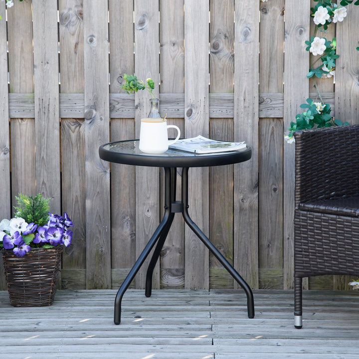 Mesa de Jardim Redonda Mesa de Exterior com Bancada de Cristal Decorativo e Estrutura de Metal para Pátio Terraço Balcão Ø50x55 cm Preto