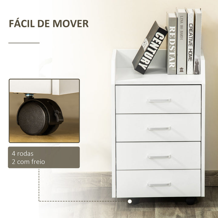Bloco de Gavetas Móvel Auxiliar com 4 Gavetas Bancada Superior de Armazenamento 4 Rodas e 2 Freios para Estúdio Escritório 40x36x65cm Branco