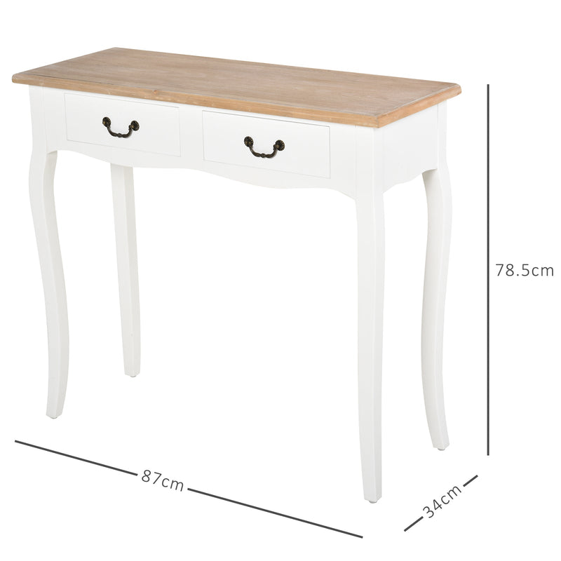 Mesa consola tipo aparador para corredor com desenho retrô com 2 gavetas Pinho 87x34x78,5 cm Branco