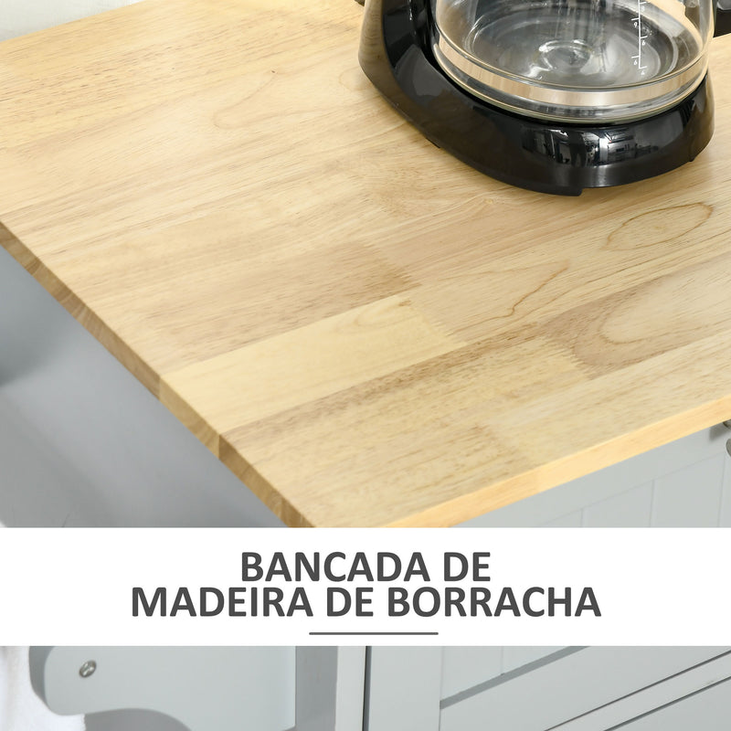 Carrinho de Cozinha com Rodas Carrinho de Cozinha Multiuso com 2 Gavetas 3 Portas Prateleiras Ajustáveis e Barra para Sala de Jantar 121x46x91cm Cinza e Madeira