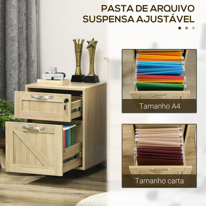 Bloco de Gavetas para Escritório com 2 Gavetas Bloco de Gavetas com Rodas Móvel para Arquivos com Fechadura e Suporte para Pastas Suspensas Tamanho A4 41x42x56 cm Madeira