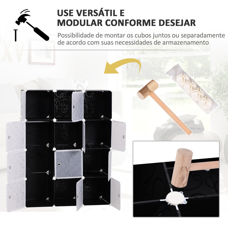 Armário modular de plástico 12 Cubos com Portas para Armazenamento de Roupas Armário Organizador para Brinquedos 111x47x145cm