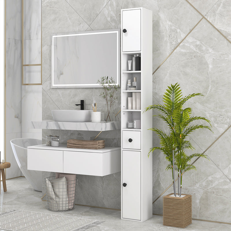 Coluna Casa de Banho Moderna Móvel Auxiliar Casa de Banho com 1 Gaveta 5 Prateleiras Ajustáveis e 2 Armários Móvel de Armazenamento Sala de Estar Cozinha Carga 30 kg 20x20x180 cm Branco