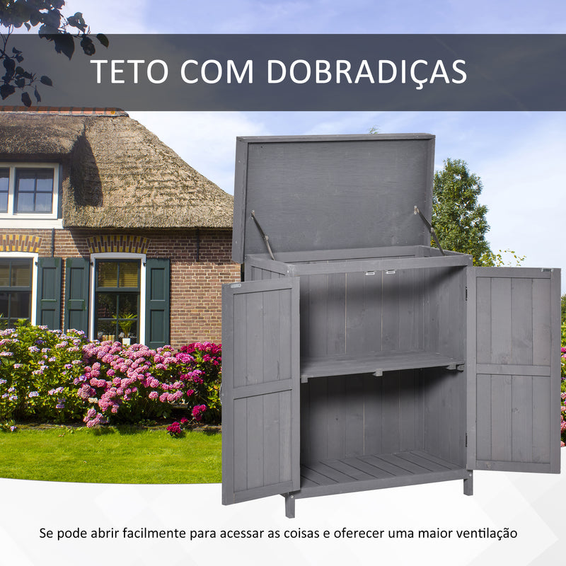 Armário de Jardim de Madeira 74x43x88 cm Armário de Exterior para Armazenamento de Ferramentas e Lenhas com 2 Portas e Teto Asfaltico Cinza