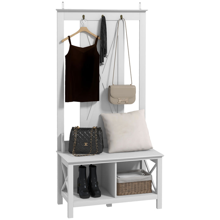Móvel Cabide de Entrada de Madeira Móvel de Entrada com Banco 2 Prateleiras e 3 Ganchos para Pendurar Roupa Bolsas para Corredor Entrada 80,5x40x168 cm Branco