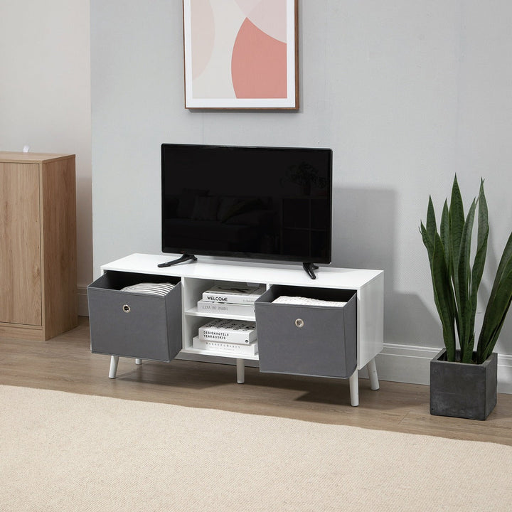 Móvel de TV para Televisores de até 50 Polegadas Móvel de Sala de Estar Moderno com 2 Gavetas de Tecido 2 Prateleiras Abertas e Orifício Passa Cabos 110x29x46,5cm Branco e Cinza