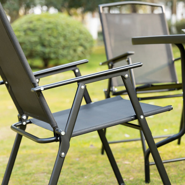 Conjunto de Móveis de Jardim com 4 Cadeiras Dobráveis Mesa de Jardim de Vidro e Chapéu de Sol Inclinável Proteção Solar para Pátio Terraço Exterior 80x80x70cm Preto