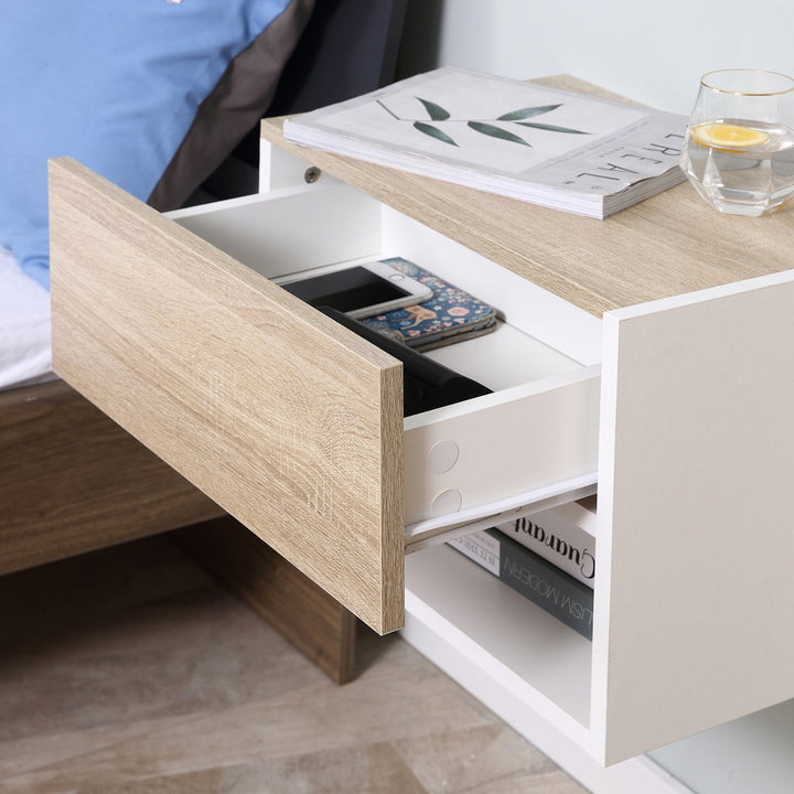 Conjunto de 2 mesinhas de cabeceira flutuantes de madeira com 1 gaveta e prateleira aberta Desenho moderno montado na parede 46x30x30 cm Carvalho e branco