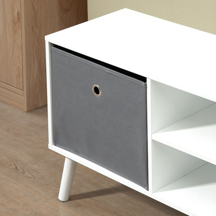 Móvel de TV para Televisores de até 50 Polegadas Móvel de Sala de Estar Moderno com 2 Gavetas de Tecido 2 Prateleiras Abertas e Orifício Passa Cabos 110x29x46,5cm Branco e Cinza