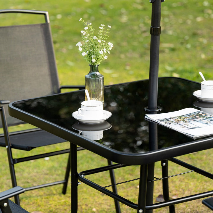 Conjunto de Móveis de Jardim com 4 Cadeiras Dobráveis Mesa de Jardim de Vidro e Chapéu de Sol Inclinável Proteção Solar para Pátio Terraço Exterior 80x80x70cm Preto