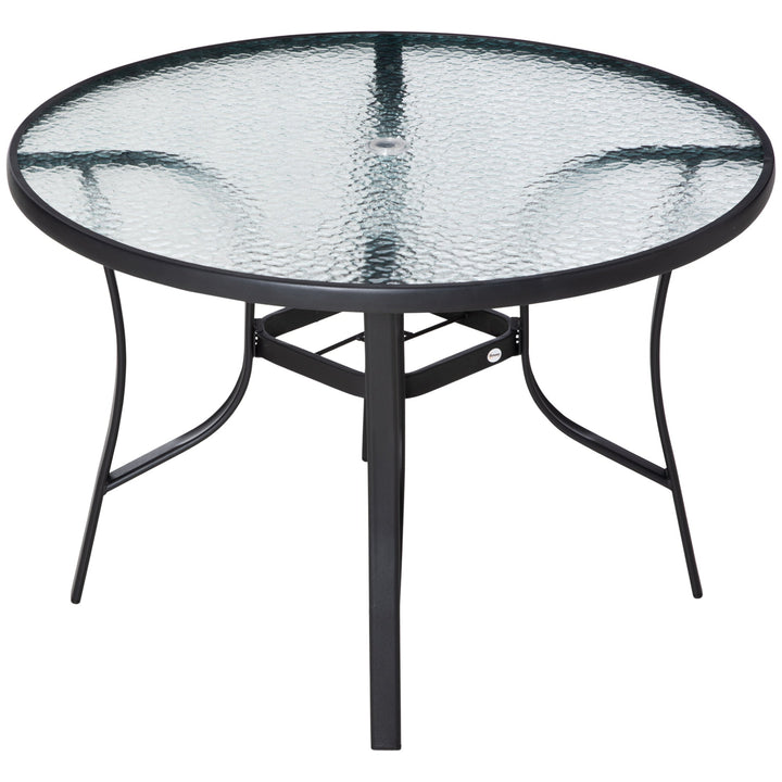 Mesa de Cristal de Jardim com Orifício para Chapéu de Sol Mesa Redonda de Exterior Terraço Varanda com Estrutura de Aço Ø106,5x71cm Transparente e Preto