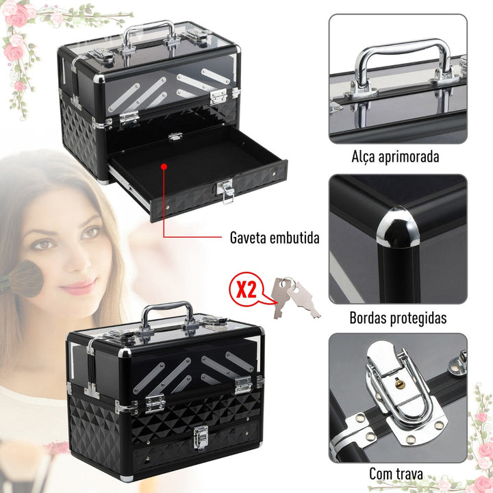 Estojo de maquiagem ou jóias Organizador de cosméticos portátil Com alça e bandejas 30x18,5x22 cm cor Transparente e preto