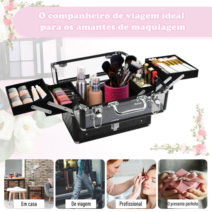 Estojo de maquiagem ou jóias Organizador de cosméticos portátil Com alça e bandejas 30x18,5x22 cm cor Transparente e preto