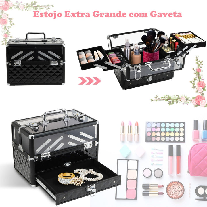 Estojo de maquiagem ou jóias Organizador de cosméticos portátil Com alça e bandejas 30x18,5x22 cm cor Transparente e preto