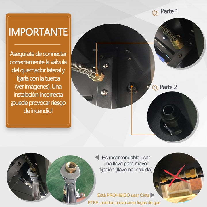 Churrasqueira à Gás com 4+1 Queimadores 14,4KW Mesas Laterais Armário de Armazenamento Termômetro e 2 Rodas Aço Inoxidável 125x51x100cm Preto