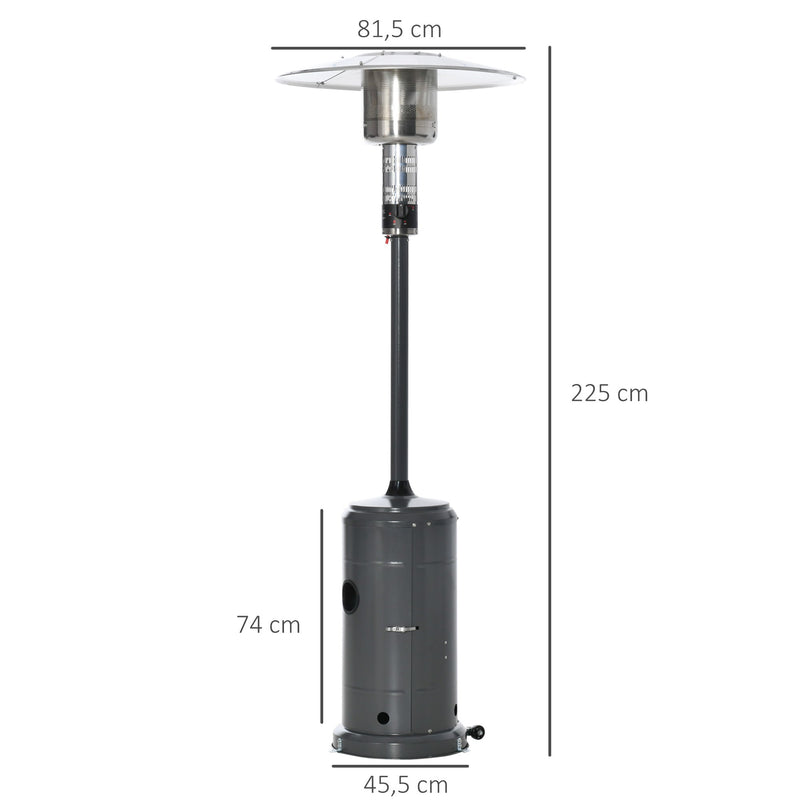 Aquecedor de gás para varanda 12,5KW Tipo guarda-sol Aquecedor de pátio com desligamento automático rodas e cobertura Ø81,5x225 cm Cinza carvão