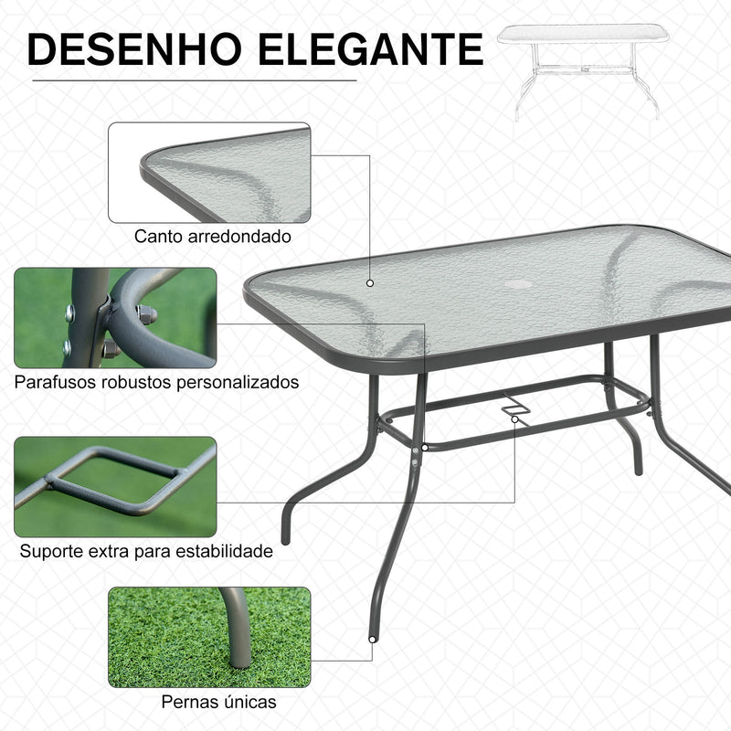 Mesa retangular de metal para jardim com orifício para guarda-sol Capacidade 70kg Vidro temperado 120x80x70 cm Cinza carvão