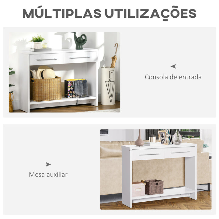 Mesa Consola com 2 Gavetas e Prateleira de Armazenamento Móvel de Entrada para Corredor Sala de Estar Estilo Moderno Anti-Rolamento Carga Máxima 50kg 101,6x28x76,2cm Branco