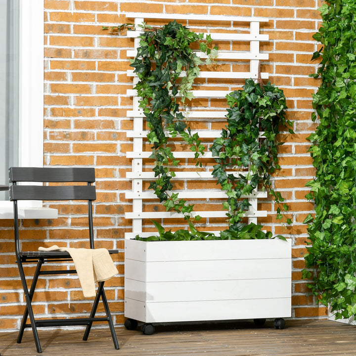 Floreira com Treliça de Madeira Maciça com 4 Rodas Caixa de Plantio com Suporte para Plantas Trepadeiras e Malha Geotêxtil para Cultivos de Plantas Flores 76x30x155 cm Branco