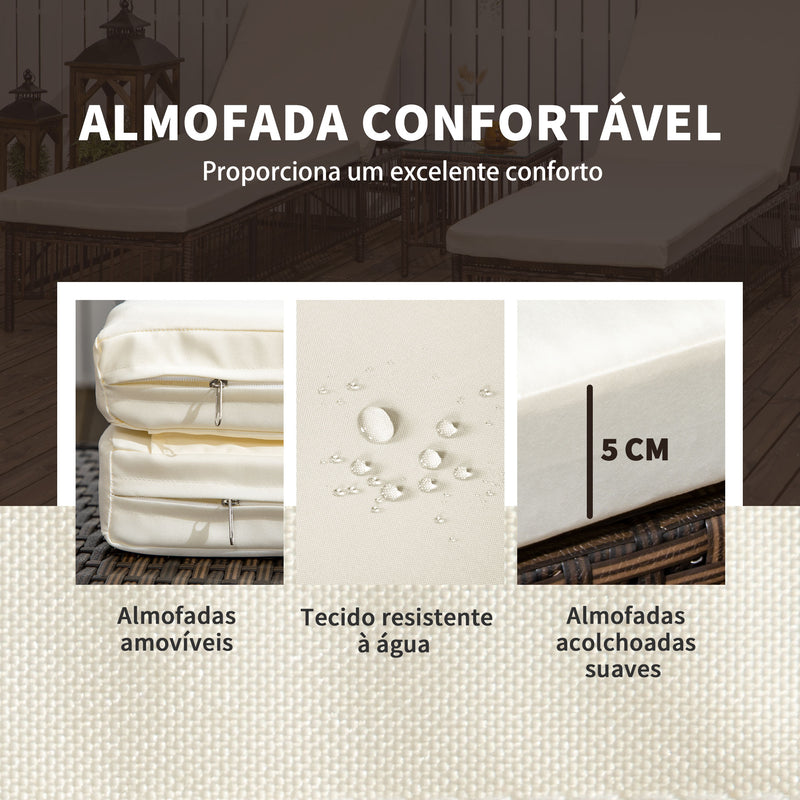 Conjunto de 2 Espreguiçadeiras de Jardim Espreguiçadeiras de Vime Sintético com Mesa de Centro Encosto Reclinável em 5 Posições e Almofadas Suaves 196x54x32cm Marrom