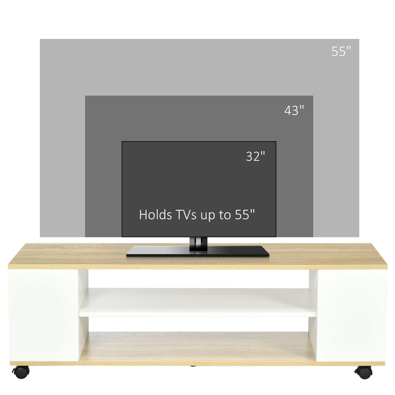 Móvel para TV com Rodas Armário para TV Flutuante com 2 Portas e 2 Prateleiras de Armazenamento para Televisores de até 55 Polegadas para Dormitório 120x40x38,5cm Branco e Madeira