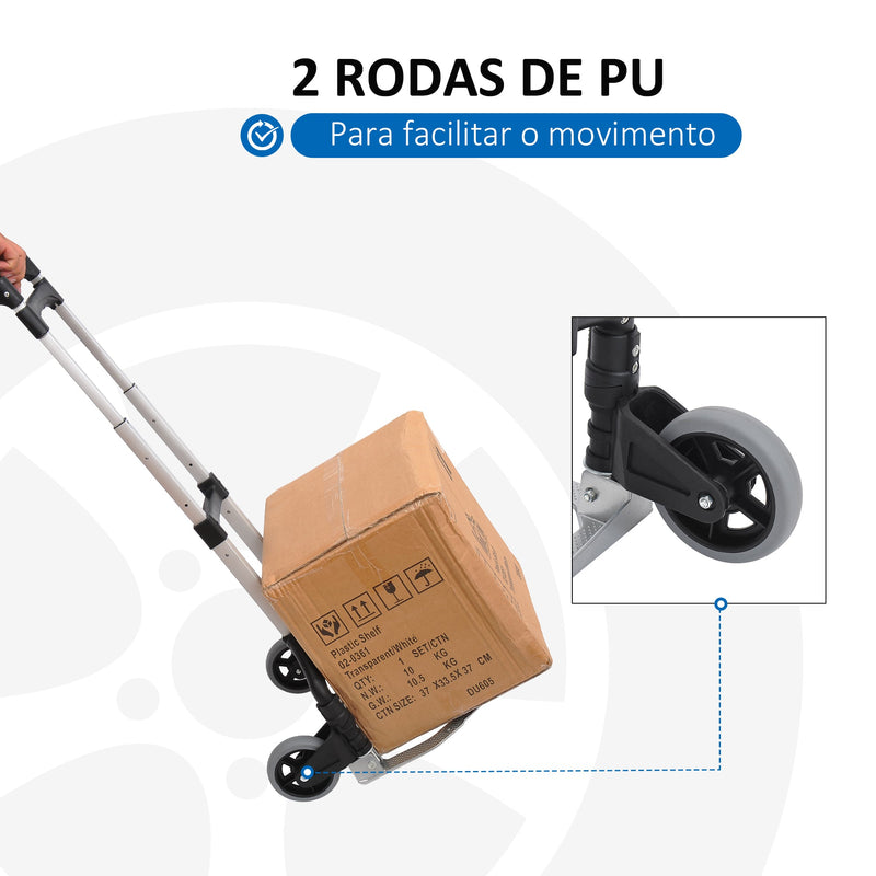 Carrinho de mão dobrável de alumínio Altura ajustável de 3 níveis Fácil transporte Carga 70 kg 41x38,5x100 cm Preto e cinza