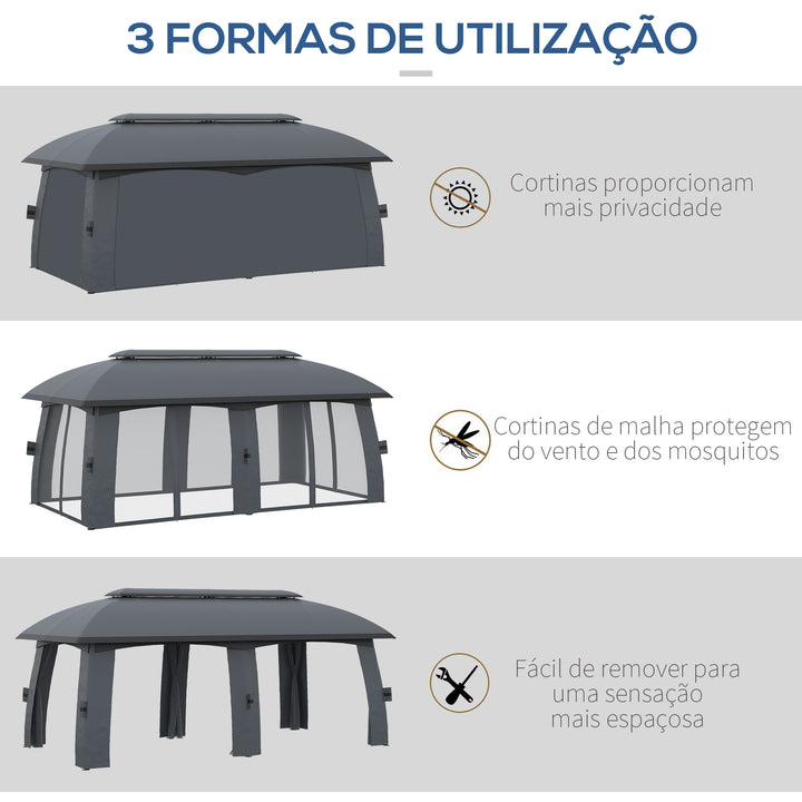 Pérgola de Jardim 3x6m Pérgola de Exterior com Teto Duplo 6 Cortinas Laterais 6 Telas Mosquiteiras com Zíper e Estrutura de Metal para Festas Eventos Pátio Cinza Escuro