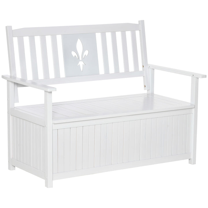 Banco de Madeira Exterior de 2 Lugares com Espaço de Armazenamento e Tecido Oxford Banco Baú de Jardim Terraço com Apoio para os Braços Carga 250kg 125x68,5x97 Branco