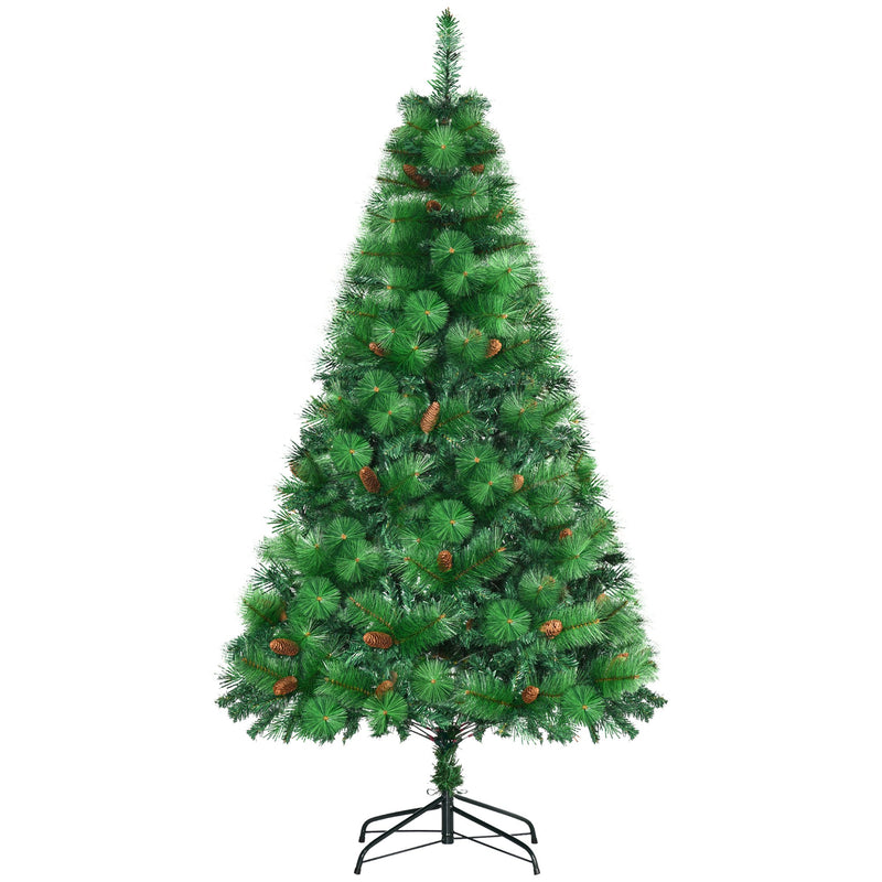 Árvore de Natal Artificial 180cm com 782 Ramos 56 Pinhas Folhas de PVC Base Dobrável e Suporte Metálico Decoração de Natal para Interiores Verde