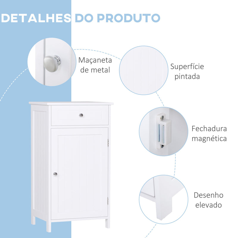 Armário de Casa de Banho com 1 Gaveta 1 Porta e Prateleira Interior Ajustável Móvel Auxiliar de Armazenamento para Sala de Estar Cozinha 43x34x77cm Branco