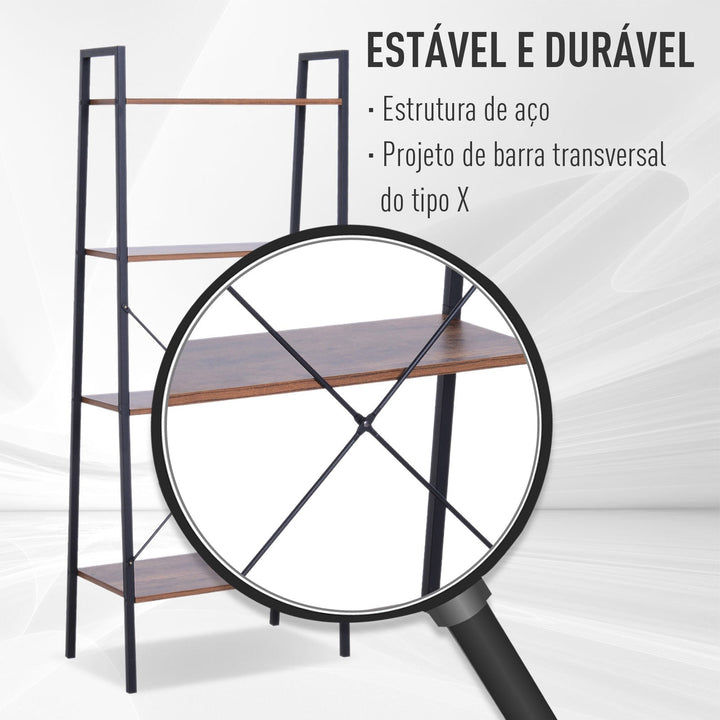 Prateleira de estante de escada industrial com 4 prateleiras escalonado 60x35x145cm aço e madeira