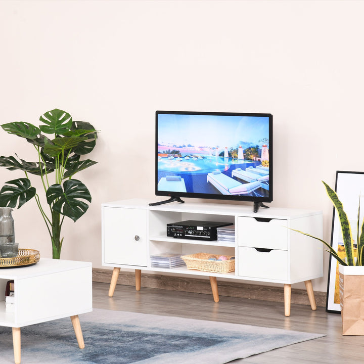 Armário de TV Grande armazenamento com armário prateleiras e gavetas abertas Carga 30 kg 120x28x44 cm Branco