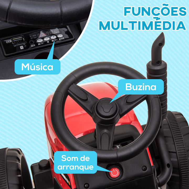 Trator Elétrico com Reboque Amovível Carro Elétrico para Crianças 3-6 Anos com Controlo Remoto Música MP3 Luzes e Cinto de Segurança 136,5x50x52,5 cm Vermelho
