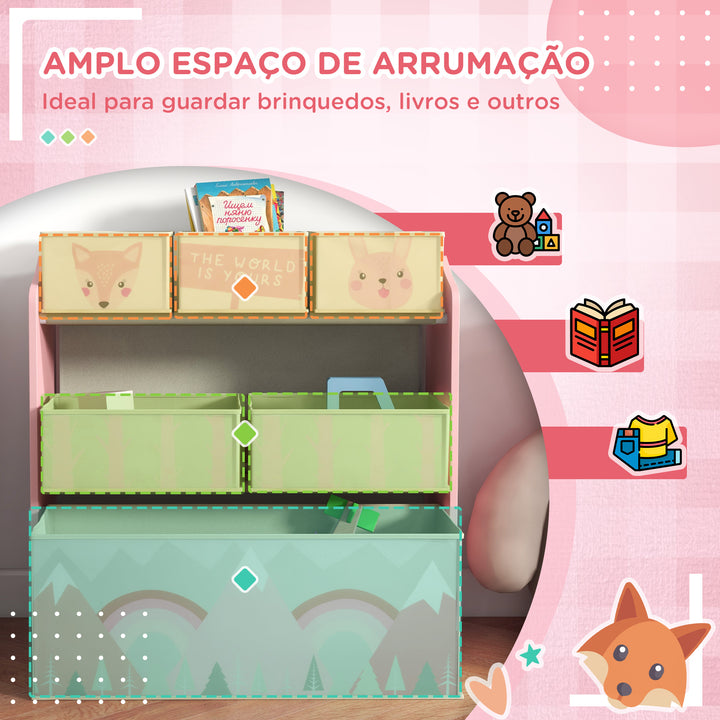 Estante para Brinquedos com 6 Caixas de Tecido não Tecido Amovíveis Organizador de Brinquedos para Crianças de 3-8 Anos para Dormitório 63x30x66 cm Rosa