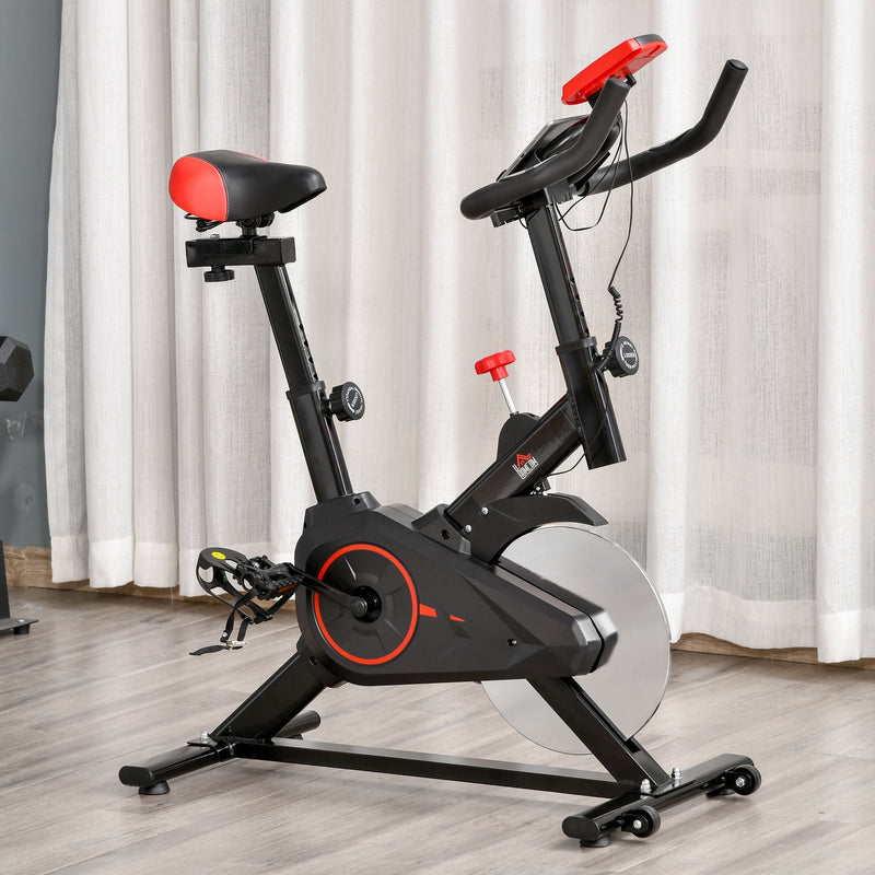 Bicicleta Estática Spinning com Monitor LCD Volante de Inércia de 6kg Assento e Guidão com Altura Ajustável Resistência Regulável 85x46x114cm Preto e Vermelho