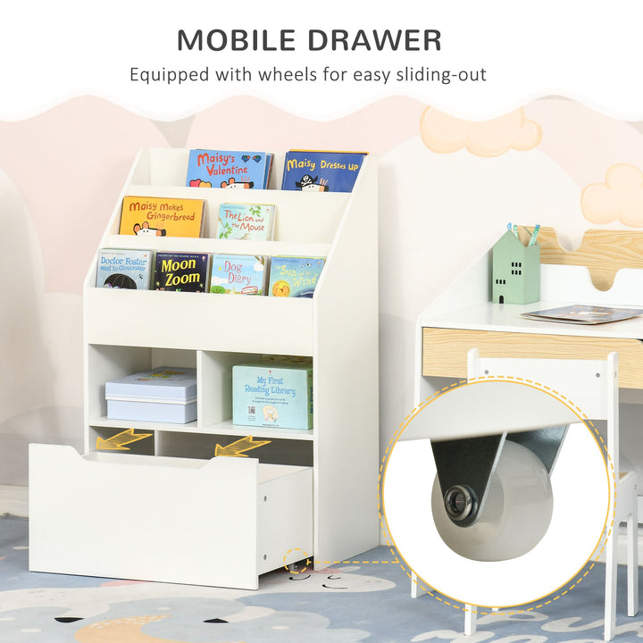 Estante de Madeira para Brinquedos com 3 Compartimentos 2 Cubos e Gaveta Móvel com 4 Rodas Estante para Livros Infantil para Dormitório Infantil Sala de Jogos 60x29,9x90cm Branco