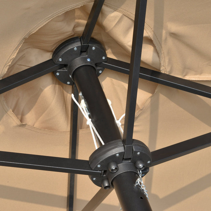 Chapéu de Sol Duplo de Jardim com 48 Luzes LED Solar 450x265x240cm Chapéu de Sol de Exterior com Manivela Proteção Solar para Terraço Balcão Piscina Cáqui