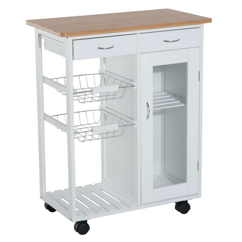 Carrinho de Cozinha de madeira com porta de vidro e 2 prateleiras e 4 rodinhas Branco 70x37x85 cm