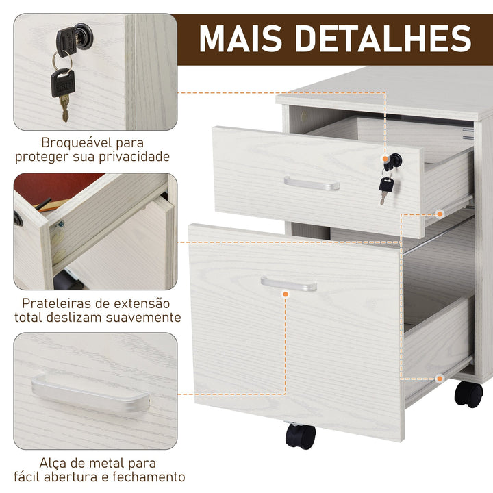 Armário móvel para arquivos A4 com rodas 2 gavetas e fechadura 40x44x54,6 cm Branco