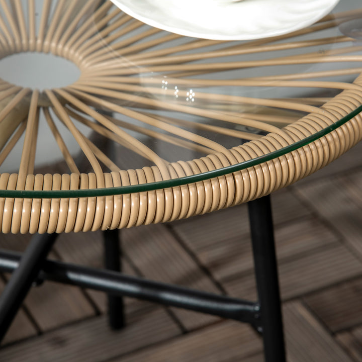 Mesa Auxiliar de Vime Sintético Mesa de Centro Redonda para Exteriores com Bancada de Vidro Temperado e Pés de Metal para Pátio Jardim Varanda Ø50x50 cm Bege e Preto