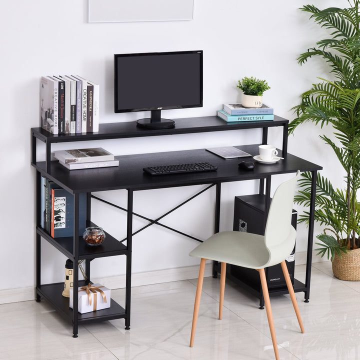 Mesa para Computador com Prateleiras Pés Ajustáveis ??Moldura de Metal 140x60x93 cm